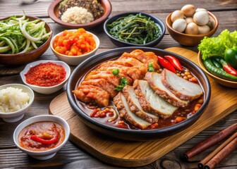 Savory Korean bossam spread featuring boiled pork, spicy kick, oysters, kimchi, crunchy cabbage, perilla leaves, garlic, pepper, and crispy pork cutlet side dishes.