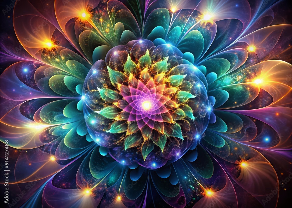 Aufkleber vibrant abstract fractal background shines behind a mesmerizing spiral flower with glowing core and 