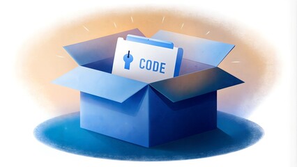 Open Box with Code Sign. Perfect for: Technology Events, Programming Tutorials, Startup Presentations