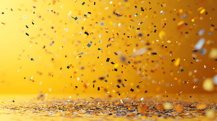 
Pastel yellow background with confetti falling. 