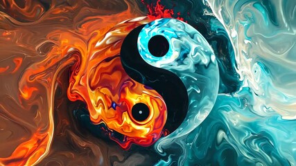 Yin yang symbol with swirling fire and water abstract design, harmonious balance concept