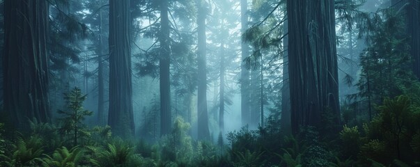 Towering redwoods cloaked in morning mist, 4K hyperrealistic photo
