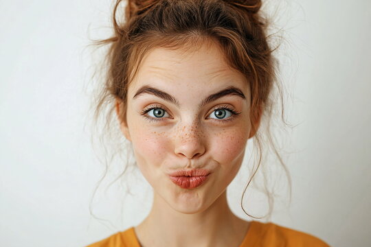 girl with exited facial expression on white background