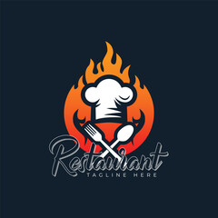 Restaurant chef hat with spoon and fork logo design template vector illustration idea with fire background