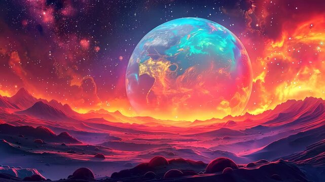 Alien planet landscape with vibrant colors and fiery sky, fantasy concept