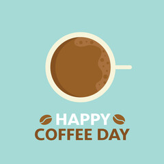 International Coffee Day. Happy Coffee Day text with Cup of Coffee. Isolated on blue.