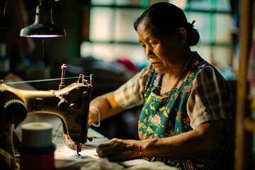 Elderly Woman Sewing with Antique Machine
