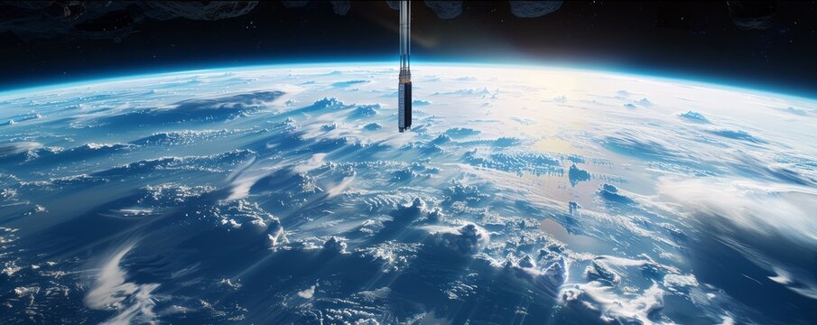 Space elevator reaching into orbit, 4K hyperrealistic photo