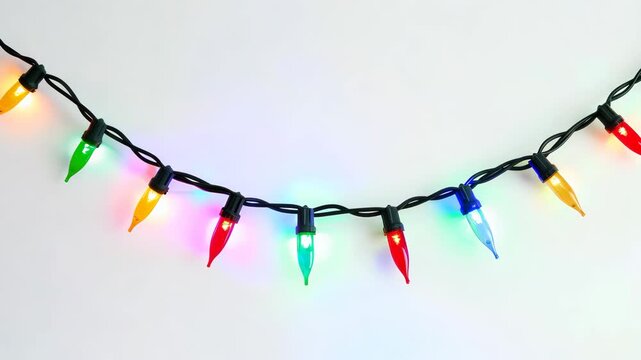 String of colorful Christmas lights on white background, festive holiday decoration concept