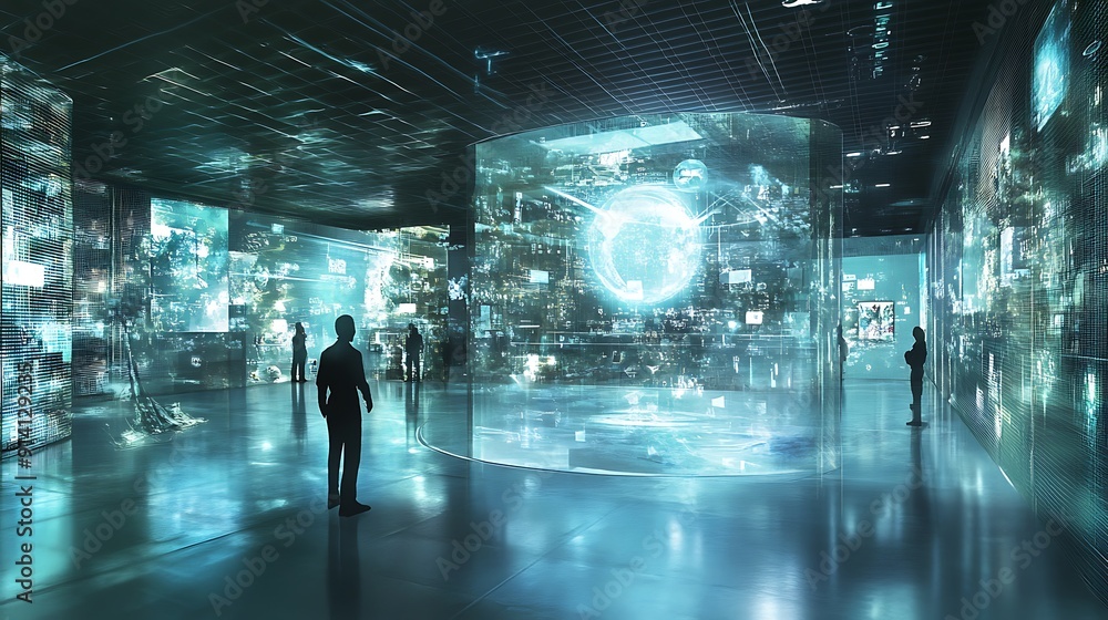 Poster futuristic holographic projection: immersive vr experience with interactive floating holograms in hi