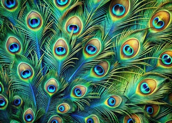 Vibrant ai-generated peacock feather pattern with intricate iridescent blues and greens, swirling shapes, and delicate eyespots, creating a mesmerizing and luxurious visual effect.