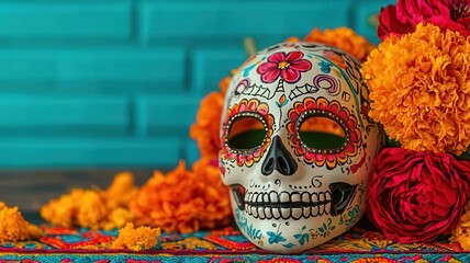 Decorated Day of the Dead mask resting on a vibrant altar, celebrating cultural heritage