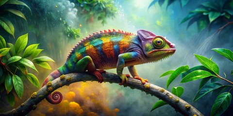Vibrant watercolor splash art depiction of a colorful chameleon perched on a curved tree branch, surrounded by lush green leaves and subtle misty atmosphere.