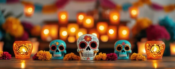 Decorated skull lanterns illuminating a festive scene, celebrating Day of the Dead traditions