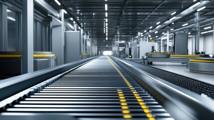 Fototapeta premium Modern conveyor belt in an industrial setting, featuring advanced automation controls.