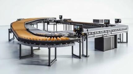 Modern conveyor belt system with control panels and automated sorting features.