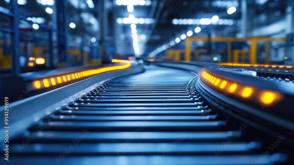 Poster modern conveyor belt with automated controls, part of high-tech factory equipment.