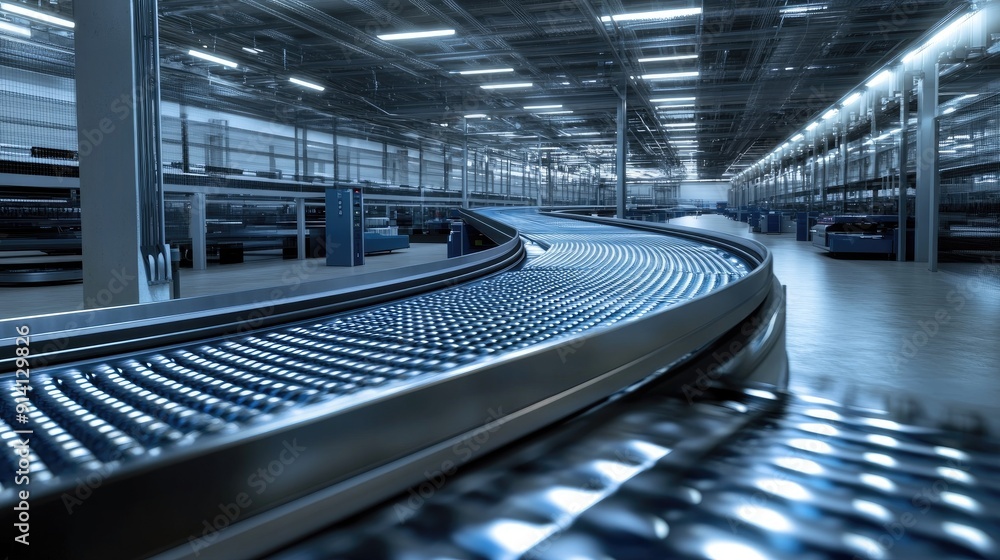 Poster modern conveyor belt with automated controls, part of high-tech factory equipment.