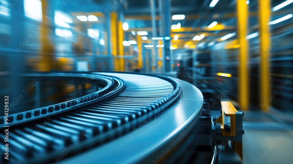 Poster modern conveyor belt with automated controls, part of high-tech factory equipment.