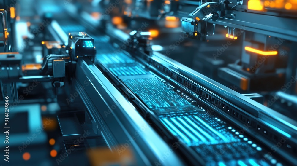Poster modern conveyor belt with automated controls, part of high-tech factory equipment.