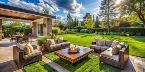 Obraz premium Serene outdoor living space featuring a spacious patio surrounded by lush green grass, perfect for relaxation and entertainment on a warm sunny day.