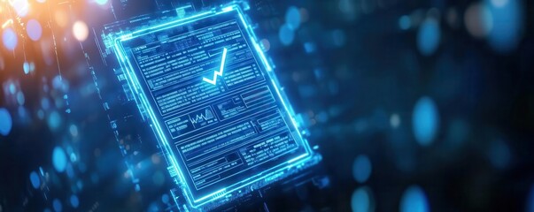 Encrypted data compliance, holographic checklist, blue neon lights, cyber regulations