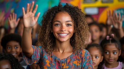 Fototapeta premium Teacher Leading Engaging Classroom Discussion With Students Raising Hands Eagerly in Colorful School Environment