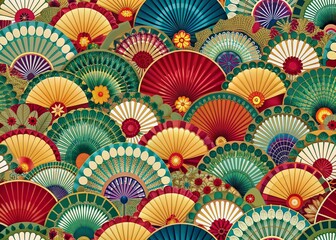 Naklejka premium Vibrant seamless pattern featuring intricately designed ornate fans and delicate Chinese fans in harmonious arrangement, perfect for cultural and festive design backgrounds.