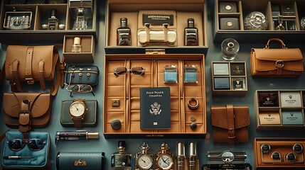 Obraz premium Neatly organized luxury travel items such as a high-end suitcase, designer sunglasses, leather passport holder, perfume, and elegant watch, displayed with a clear area in the center for text, featurin