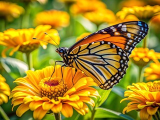 Fototapeta premium Vibrant monarch butterfly sips nectar from bright yellow zinnia flower petals, delicate wings folded, amidst lush green foliage in a sun-kissed summer meadow scene.