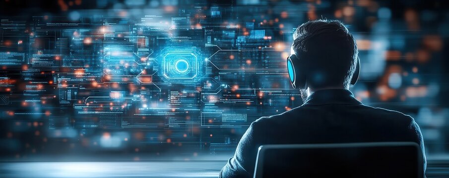 Virtual hacking scene, advanced cybersecurity measures, dark room with holograms