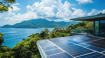 Photovoltaic panels installed on a hotel's rooftop, surrounded by island scenery, harnessing solar power.