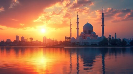 Naklejka premium Mosque silhouette against a vibrant sunset over a tranquil lake