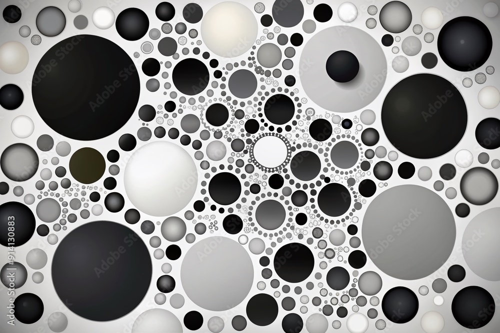 Poster geometric abstraction featuring scattered black and white circles of varying sizes on a clean white 