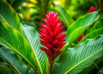 Vibrant green leaves of Red Ginger Alpinia surround a striking red flower with delicate petals, adding a pop of color to a lush tropical scene.