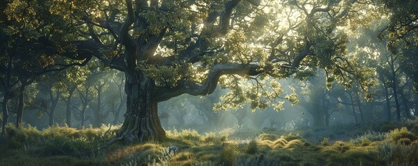 Majestic oak tree standing tall in a woodland, 4K hyperrealistic photo