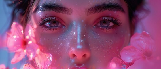 Close-up portrait of a woman with glowing skin and sparkling decorations, surrounded by pink flowers and soft lighting in an ethereal ambiance.