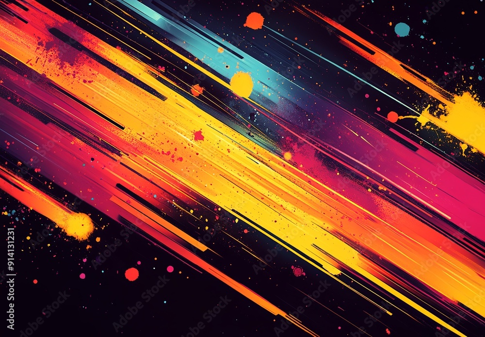 Poster a high-energy abstract background with splashes of color and dynamic lines, perfect for a lively and
