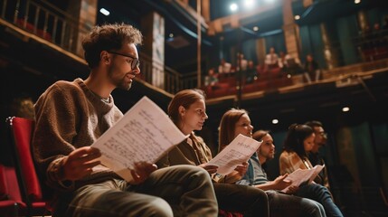 Actors Engaging in Rehearsal for a Play at a Historic Theater in the Evening