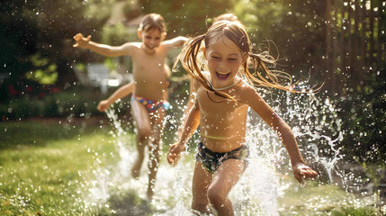 Fototapeta premium Happy children, wearing swimsuits and goggles, run through a backyard sprinkler on a sunny day.