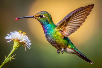 Fototapeta premium Vibrant hummingbird with iridescent feathers sips nectar from a delicate white flower on a transparent background, showcasing its intricate beauty and natural elegance.