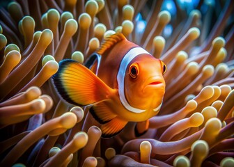 Vibrant orange clownfish swiftly navigates wavy tentacles of a sea anemone, finding refuge among its venomous arms, showcasing a remarkable symbiotic relationship in ocean depths.