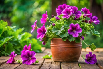 Vibrant purple geranium blooms spill over the edges of a rustic terra cotta pot sitting on a worn wooden table amidst lush green foliage background.