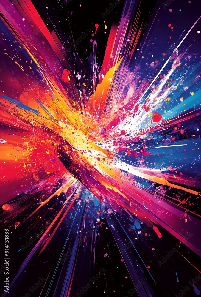 Poster a high-energy abstract background with splashes of color and dynamic lines, perfect for a lively and