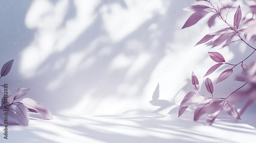 Poster white and purple studio backdrop with soft shadow leaves, ideal for product display and text inserti