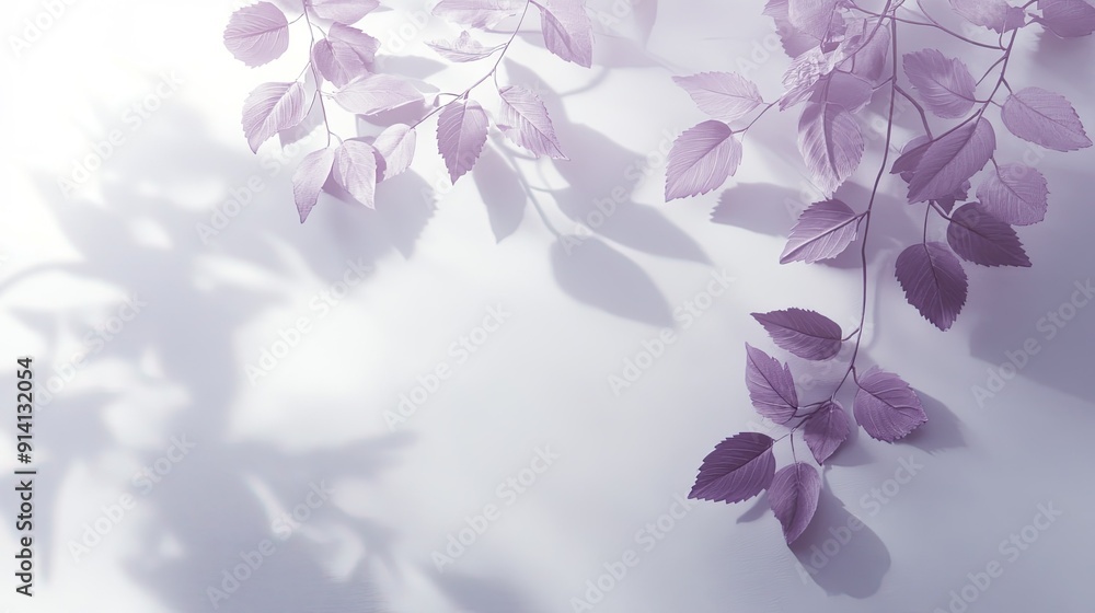 Poster white and purple studio backdrop with soft shadow leaves, ideal for product display and text inserti