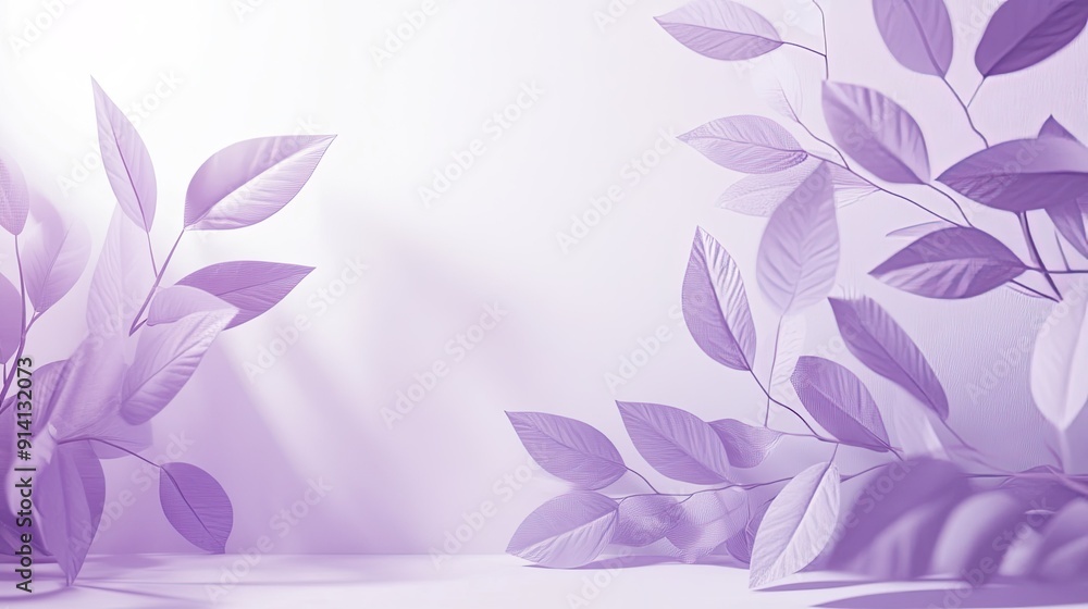 Poster white and purple studio backdrop with soft shadow leaves, ideal for product display and text inserti