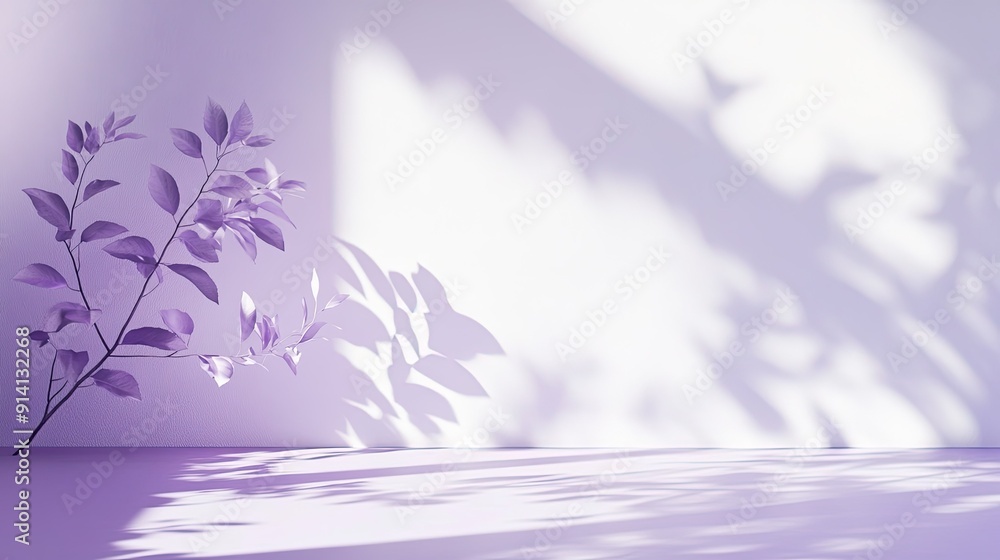 Poster white and purple wall background with subtle leaf shadows, creating a clean and modern studio backdr