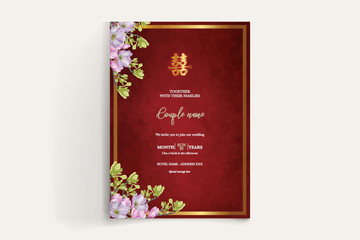 WEDDING INVITATION FRAME WITH FLOWER DECORATIONS AND FRESH LEAVES