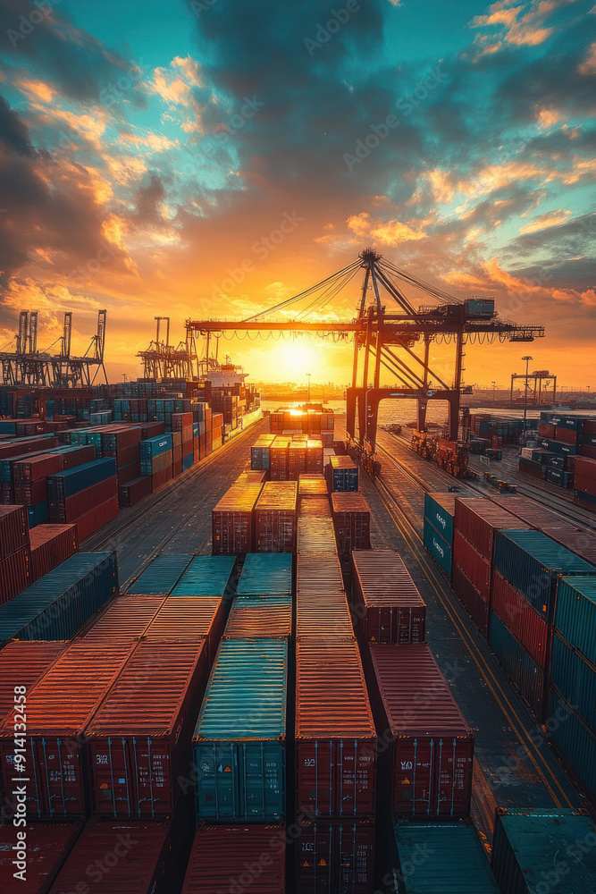 Poster dockworker, a serene container ship at a busy port, with dockworkers carefully loading boxes and car